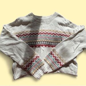 Hollister Cream Crewneck Sweater with Red, Green & Tan Fair Isle Trim